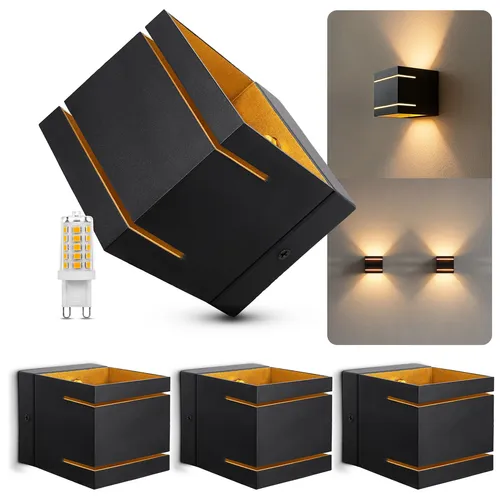 SSC-LUXon KOURA Wandlampe schwarz gold – 4er Set dimmbare Wandleuchten mit G9 LED - Moderne Wandleuchten für stilvolle Akzente in Ihrem Zuhause. Dimmbares warmweißes Licht und elegantes Design mit goldener Innenfläche schaffen eine behagliche Atmosphäre in Wohn- und Schlafbereichen.