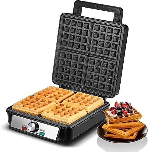 FOHERE 4-Scheiben Waffeleisen, 1200W Belgisches Waffeleisen, Antihaftbeschichtung, Bräunungsregler, Edelstahl – perfekt für Familienfrühstück
