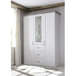 LUCA KOMFORT 3-türiger Kleiderschrank im Landhausstil - Nachttische - Eleganter Drehtürenschrank mit Spiegeltür in Pinie Weiß/Trüffel, bietet viel Stauraum für Kleidung und Accessoires und passt perfekt zu idyllischen Schlafzimmern.