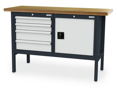 Simplaflex Werkbank CL66041KW15 - Robuste Werkbank 150 x 96 x 60 cm mit 4 Schubladen und 1 Tür, Traglast bis 800 kg. Ergonomische Griffleisten und zentrale Verriegelung bieten Sicherheit und Komfort. Made in Germany, 4 Jahre Garantie.