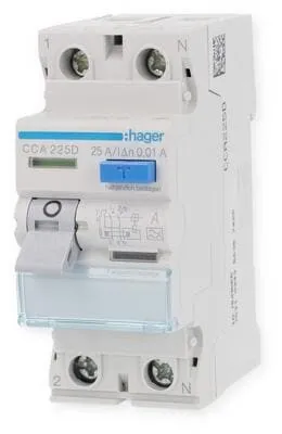 Hager CCA225D FI-Schutzschalter 2P 25A 10mA A - Zuverlässiger Fehlerstromschutzschalter 2-polig, ideal für den sicheren Betrieb in Haushalten und Gewerbe. Mit externer Test-Taste und Fehlerstromanzeige für einfache Handhabung.