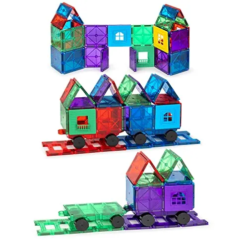 Playmags 3D Magnetische Blöcke Für Kinder - Magnetische Bausteine STEM Toys, Robuste, Super Haltbare Magnetfliesen Mit Lebendigen Klaren Farbfliesen Mit 4 Autos (50-Teiliges Set Mit 4 Autos)