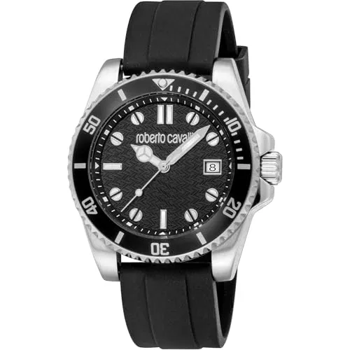 Roberto Cavalli RC5G129P0025 - Elegante Herren Uhr aus Edelstahl - Armbanduhren für Herren, wasserdicht bis 50m, mit stilvollem schwarzen Zifferblatt und robustem Gummiarmband für den perfekten Alltag oder besondere Anlässe.