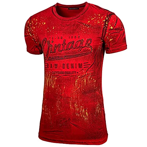 Herren Rundhals Tee Regular Slim Fit O Neck Ausschnitt Vintage T-Shirt Kurzarm Design Fashion Top Print Shirt B-10184, Farbe:Rot_1, Größe:2XL
