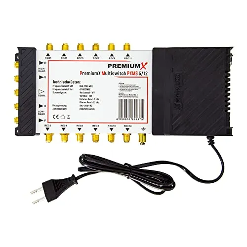 Premium X PXMS 5/12 Multischalter - Multischalter für 1 SAT auf 12 Teilnehmer, ideal für den gleichzeitigen Empfang von 4K UHD und Full HD Sendern. Inklusive hochwertigem Netzteil und Erdungsklemme für optimale Signalverteilung.