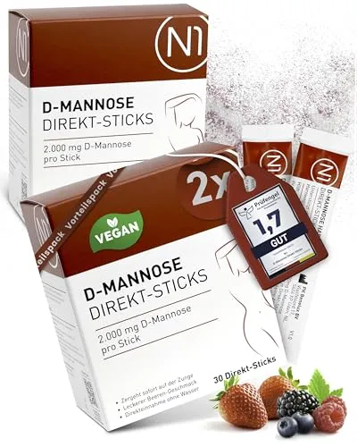 N1 D-Mannose Direkt-Sticks 60 Stück - Praktische Ergänzung für unterwegs - Einfache Einnahme der N1 D-Mannose Direkt-Sticks mit leckerem Beerengeschmack. Ideal für die tägliche Routine, ganz ohne Wasser. Vegan, glutenfrei und ohne unnötige Zusatzstoffe – perfekt für eine bewusste Ernährung.