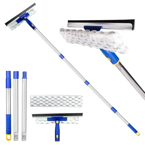 ITTHAO Fensterwischer mit Teleskopstiel, 2 in 1 Fensterreiniger mit Mikrofaserbezug 180° Drehen Fensterabzieher für Hohe Fensterr,Auto-Windschutzscheibe