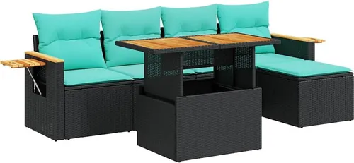vidaXL 6-tlg. Garten-Sofagarnitur mit Kissen Schwarz Poly Rattan - Braun - Moderne 6-tlg. Garten-Sofagarnitur aus robustem, pflegeleichtem Poly Rattan. Ideal für entspannte Stunden im Freien mit Stauraum unter den Sofas und abnehmbaren, waschbaren Kissenbezügen.