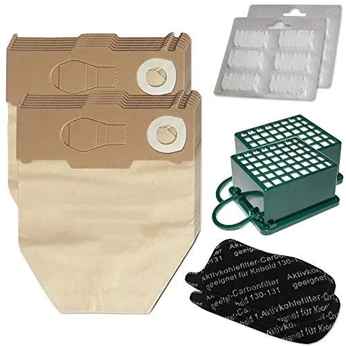 Sparset 12 Staubsaugerbeutel + 12 Duftsteine + 2 Hepa Filter + 2 Kohlefilter geeignet für Vorwerk Kobold VK 130 131 SC - VK130, VK131 - FP 130 131 - mit Spezialpapier