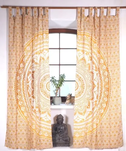GURU SHOP Boho Vorhänge, Gardine (1 Paar) mit Schlaufen, Handbedruckter Ethno Style Vorhang, Mandala Motiv - Gelb/beige, Baumwolle, 230x100x0 cm