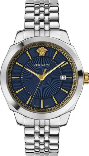 Versace Herren Armbanduhr Icon Classic 42 mm - Elegante Armbanduhr mit Edelstahl-Gehäuse, blauem Zifferblatt und Datumsfenster. Wasserdicht bis 5 ATM – perfekt für stilbewusste Herren.