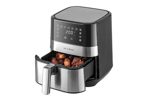 KLAMER Heißluftfritteuse 1500 W mit LED Display - Heißluftfritteuse mit 8 voreingestellten Kochprogrammen, herausnehmbarem Antihaftkorb und Cool-Touch-Griff für eine sichere und einfache Handhabung.