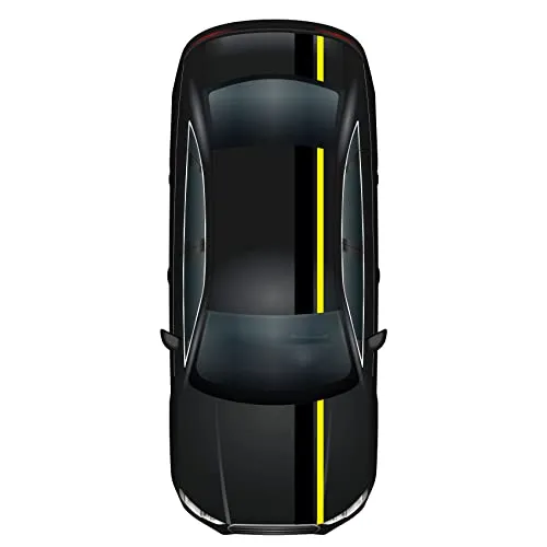Produktbild Rennstreifen Racing Stripes 5mx15cm und 10mx5cm Rallystreifen Viperstreifen für Fahrzeuge Auto Kfz Zubehör Tuning Streifen für Motorhaube Dach Heck (Schwarz Glanz/Schwefelgelb)