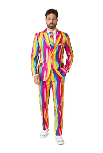 OppoSuits Rainbow Glaze Herrenanzug - Farbenfrohes Pride-Outfit - Anzüge für Herren, auffälliges Design, ideal für Pride-Events und Partys, inklusive Blazer, Hose und Krawatte, aus 100% Polyester, maschinenwaschbar.