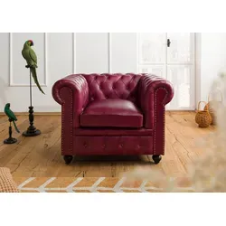 Sessel Echtleder CHESTERFIELD #402 in Rot - Sofas & Sessel, eleganter Chesterfield-Sessel aus hochwertigem Echtleder, ideal für stilvolle Wohnräume und maximalen Komfort.