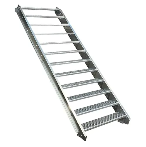 Stufen Stahltreppe 90cm Breite - Robuste Außentreppe für vielseitigen Einsatz - Robuste Stahltreppe mit 12 Stufen, ideal für den Außenbereich. Breite 90cm, Geschosshöhe von 180-240cm. Inklusive Zubehör für einfache Montage und hohe Stabilität.