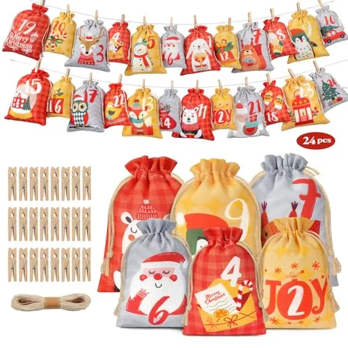 Adventskalender zum Befüllen,2026 Adventskalender Selber Befüllen,24 Weihnachtskalender Kinder Groß Stoff,2 Größen Säckchen Weihnachtskalender zum Selbst Wiederverwendbarer