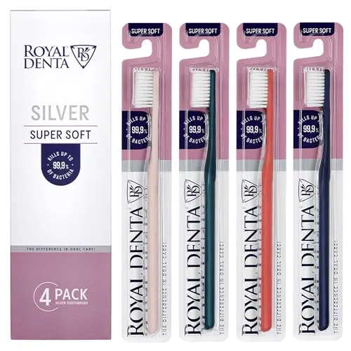 Royal Denta Silver Super Soft Zahnbürsten 4-Pack - Extra weiche Borsten für empfindliche Zähne & Zahnfleisch, Doppellänge Borsten für Interdentalreinigung, Silberpartikel gegen Bakterien, Mehrfarbig