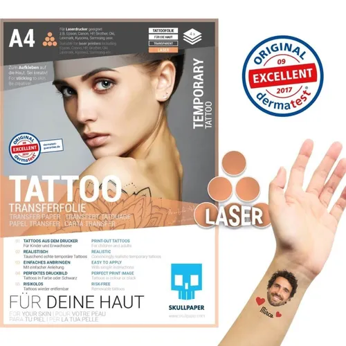 Skullpaper Transferpapier Tattoofolie Laser, A4 - Temporäre Tattoos leicht gemacht - Sonstige Make-Up-Artikel, hochwertige Folie für gestochen scharfe temporäre Tattoos, ideal für Feste und Fotoshootings, dermatologisch getestet und leicht ablösbar.