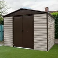 YARDMASTER Brandenburg 106 - Gerätehaus aus Stahlblech, grau (taupe) - Gartenhaus mit Doppelschiebetür und 15 Jahren Herstellergarantie, ideal für die Aufbewahrung im Garten.