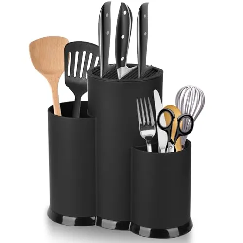 KOMABLEN 3 in 1 Messerblock Ohne Messer Schwarz, Universal Runder Messerhalter mit Schlitzen und Multifunktional Aufbewahrung Ständer, Plastik Knife Holder Besteckhalter für alle Küchenmesser geeignet