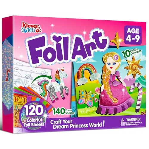 Klever Kits Prinzessinnen-Folienkunst-Set für Kinder – Bastelbedarf, sauberes Malen, Folien-Schaumstoffaufkleber, kreatives Reisespielzeug, Geburtstagsgeschenk für Jungen und Mädchen ab 4 Jahren