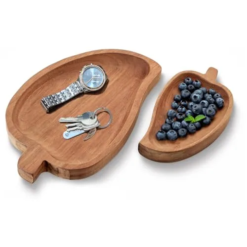 com-four® 2-teiliges Tablett-Set aus Akazienholz - Deko-Bretter in Blatt-Form - Serviertabletts für Tischdekoration - Holzablage in 2 Größen - Servierplatten für Snacks, Käse, Wurst (2 Stück - Blatt)