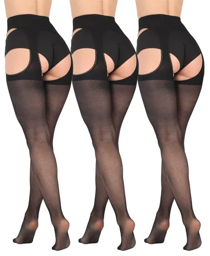 Bananalu schwarze Netzstrumpfhose 40 Den mit offenem Schritt - Verspielt und stylish: 3er Set schwarze Netzstrumpfhosen mit 40 DEN, ideal für Freizeitlooks. Für Damen, Größe M, aus hochwertigem Material mit bequemem Sitz.