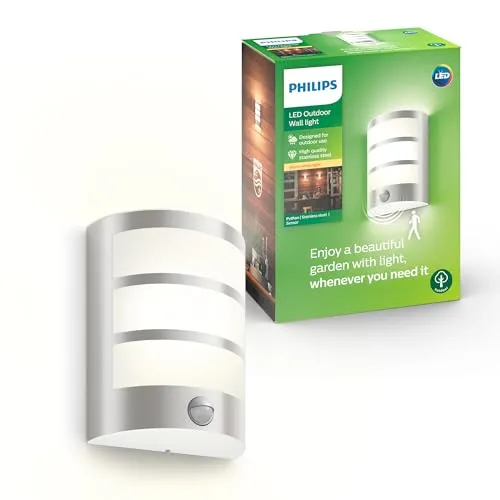 Philips Python Wandleuchten für den Außenbereich - Decken- & Wandleuchten mit 5,5 W, 2700 K warmweiß, wasserfest und IP44-zertifiziert für eine stilvolle und wetterfeste Beleuchtung im Freien.