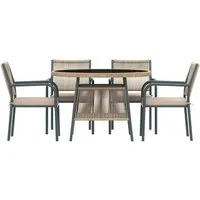 OKWISH Sitzgruppe 5-tlg. mit Tisch und Armlehnstühlen - Moderne Gartenmöbel-Set in Grau für Terrasse und Balkon. Der runde Tisch mit Sicherheitsglas sorgt für elegantes Design, während die atmungsaktiven Rückenlehnen und bequemen Sitzkissen höchsten Komfort bieten.