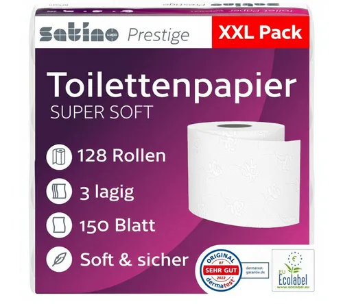 SATINO Toilettenpapier 3-lagig - 128 Rollen für höchsten Komfort - Toilettenpapier 3-lagig mit 150 Blatt pro Rolle – extra weich und hochwertig aus feinstem Zellstoff – ideal für Zuhause, Hotels und Gastronomie.