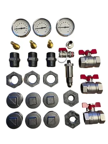 Pufferspeicher-Anschlussset 2, Reduzierstück, Thermometer, Ventiel, KFE Hahn