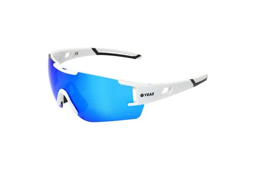 YEAZ Sportbrille SUNBLOW - Sport-Sonnenbrille in Bright White/Blue - Brillen für Extremsportler, schlagfestes Glas mit 100% UV-Schutz und optimierter Sicht durch verspiegelte Gläser.