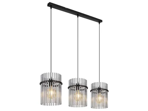 Ausgefallene LED Hängelampe 3-flammig - Pendelleuchte mit Rauchglas Stäben, dimmbar in 3 Stufen, ideal für Esstisch und Couchtisch, stilvolles Design mit schwarzem Metall und warmweißem Licht.
