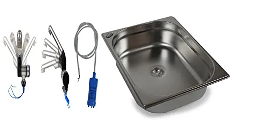 Edelstahl Spülbecken Camping Spüle Waschbecken + Ablauf 325x265x100 mm + 12V Automatikwasserhahn Barwig Chrom/Schwarz + 12V Tauchpumpe 10L/min. (ad-ideen)