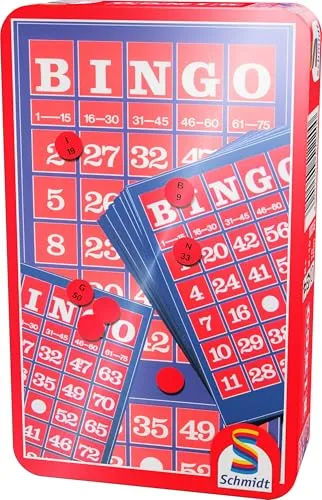 Schmidt Spiele 51220 Bingo - Bring Mich mit Spiel - Kompakte Metalldose für das weltbekannte Lotteriespiel, perfekt für 3 bis 10 Spieler und ideal für unterwegs. Spieldauer von ca. 15 Minuten, empfohlen ab 8 Jahren.