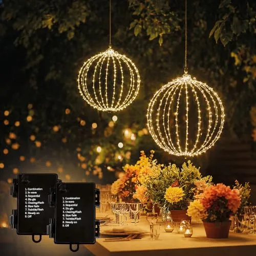 Lunartec Deko LED Kugel: 2er-Set LED-Leuchtkugeln mit Ø 33 und 28 cm, 8 Modi, Timer, IP44 (Deko Hänge Leuchten, Garten Leuchtdeko)