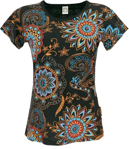 GURU SHOP Boho T-Shirt mit Mandaladruck, Bedrucktes Baumwoll T-Shirt, Yoga T-Shirt - Schwarz/blau, Damen, Baumwolle, Size:L