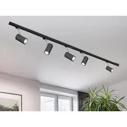 Lichtschienensystem Schwarz 4-adrig mit 5 Strahlern – Deckenleuchte 202,5 cm - Modernes Lichtschienensystem in Schwarz mit 5 Strahlern für individuelle Beleuchtung. Ideal für größere Räume, einfach zu montieren und zu erweitern, für eine flexible Lichtgestaltung in jedem Zuhause.