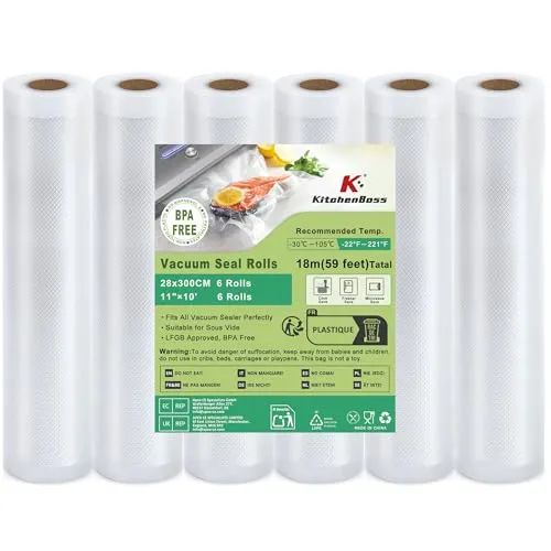 KitchenBoss Vakuumierbeutel 6 Rollen Vakuumierfolie:28x300cm Profi-Folienrollen für Vakuumiergerät & Sous Vide, Vakuumbeutel für Lebensmittel Reißfest und Kochfest