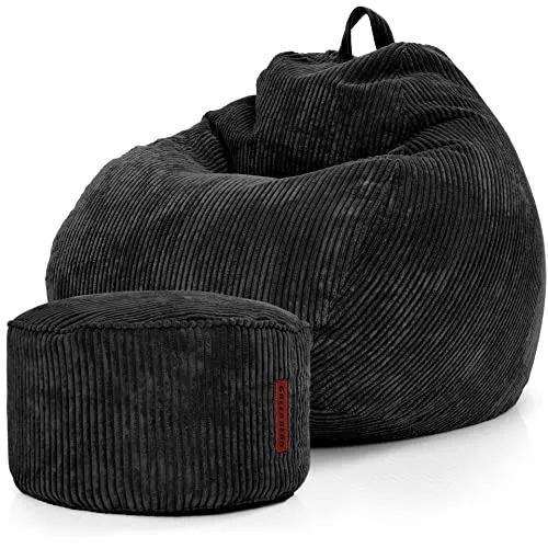Green Bean® XXL Sitzsack Set mit Pouf - Schwarz - Sitzsäcke in XL (90 x 110 cm) und passendem Pouf (45 x 25 cm) aus weichem Cordstoff, ergonomisch und waschbar. Perfekt für entspannte Stunden im Wohnzimmer oder Kinderzimmer.