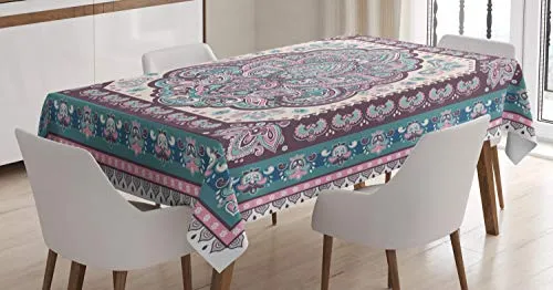 ABAKUHAUS Ethnisch Tischdecke, Paisley Oriental, Pflegeleicht mit Modernster Druck Technologie Waschbar und Personalisiert, 140 x 240 cm, Hellrosa Lila und Grün