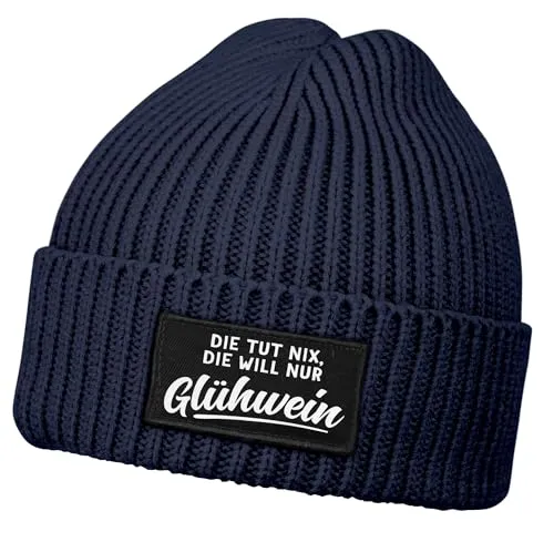 MoonWorks® Damen Beanie mit Patch Strickmütze mit Spruch Die TUT nix, die Will nur Glühwein Aufdruck Lustig Damenmütze Navy Unisize