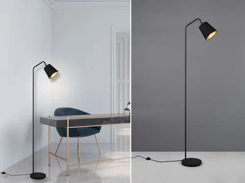 Große LED Stehleuchte Schwarz-Gold mit schwenkbarem Spot - Moderne Stehlampe mit Textilschirm, dimmbar und flexibel einstellbar. Ideal für Wohnzimmer oder Büro, schafft eine gemütliche Atmosphäre mit einem eleganten Design.