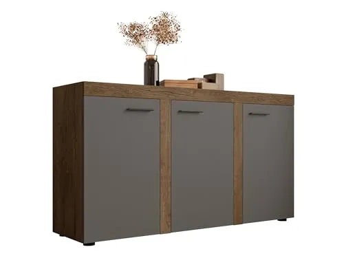 Mirjan24 Kommode Rango 3F mit 3 Türen, Highboard, Anrichte, Sideboard, Mehrzweckschrank, Naturtöne, Wohnzimmerschrank, Anrichte, Schrank (Lefkas Eiche/Graphit)