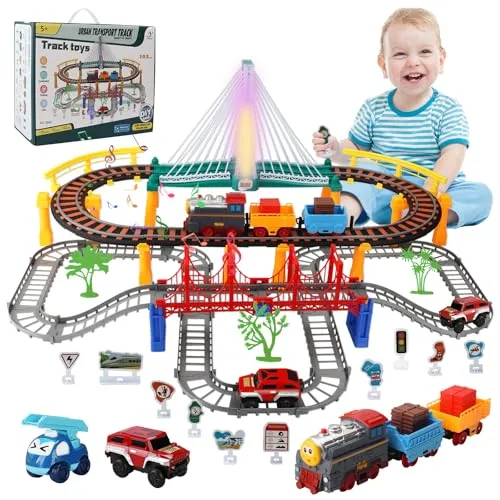 KIMIGO Zug Spielzeug Set,Elektrische Zug Spielzeug,141-teiliges Autorennbahn mit Zug&Autobahnautos,Licht & Sound,Schienen Train & Auto Kinderspielzeug für Kinder ab 2-7 Jahren