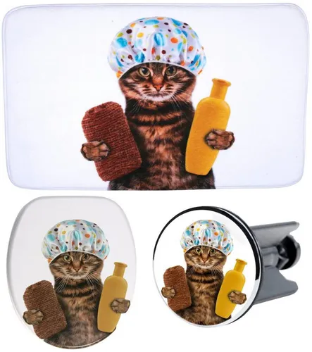 Sanilo Badaccessoire-Set Shower Cat, 3 tlg., bestehend aus WC-Sitz, Badteppich und Waschbeckenstöpsel
