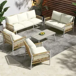 Merax Rattan Gartenlounge Set 7 Personen - Gartenmöbel-Set für 7 Personen, witterungsbeständig mit elegantem Design, ideal für entspannte Stunden im Freien. Inklusive 5-tlg. Sitzgruppe mit Kissen und Tisch.