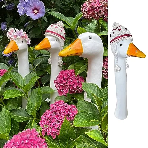 OF Gänsehals Gartenstecker Gans - Höhe 35 bis 38 cm groß - Deko Gartenfiguren für außen (Bommelmütze)
