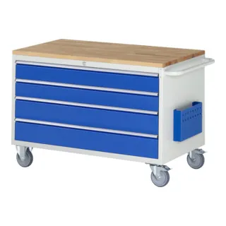 Rau Werkstattwagen Serie 7000 - Montagewagen mit 450 kg Tragkraft, 4 XXL-Schüben und Buche-Massiv-Arbeitsplatte – ideal für Werkstätten und Heimwerker.